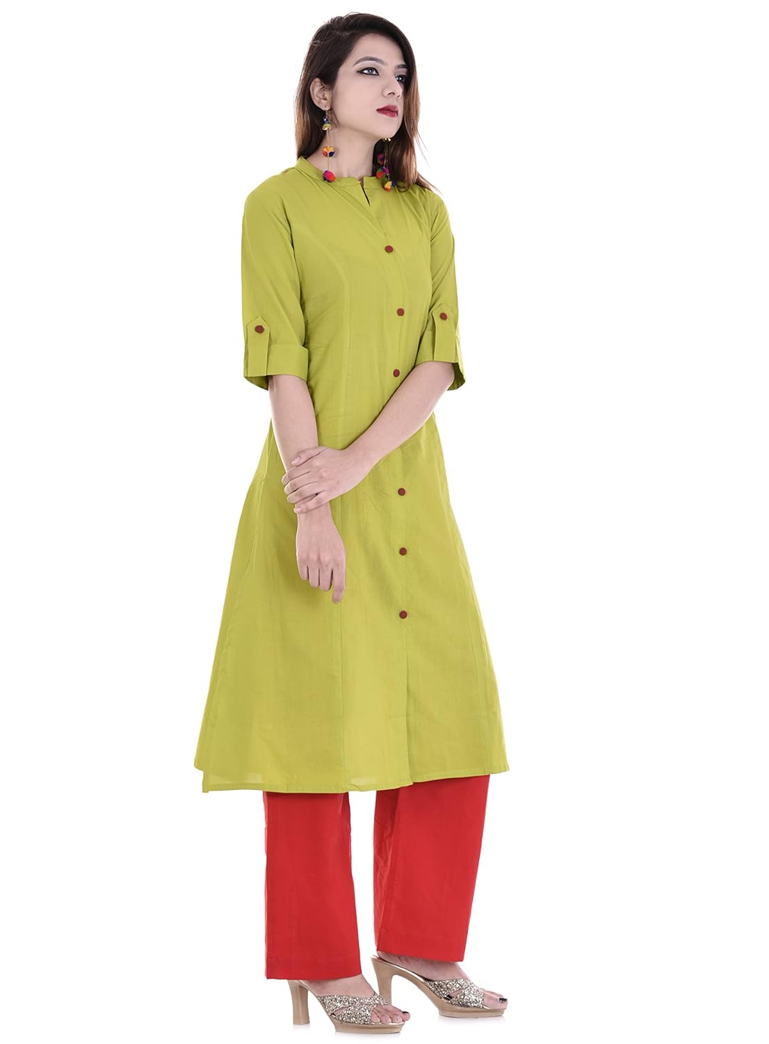 palakh women's cotton light green front button kurti with red palazzo