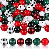 200 Pieces Christmas Wooden Beads for Crafts Xmas Red Buffalo Plaid Colorful Wood Spacer Beads Rustic Farmhouse for DIY Crafts Garland Home Decor