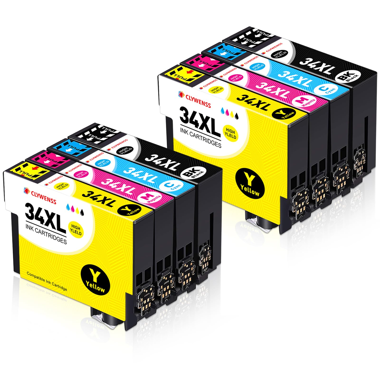 Clywenss 34XL Ink Cartridges Compatible with Epson 34 XL 34XL Multipack for WorkForce Pro WF3720 WF-3720 WF3725 WF-3725 WF-3720DWF WF-3725DWF Ink Cartridges, 8-Pack (Black, Cyan, Magenta, Yellow)