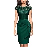 Miusol Women's Elegant Floral Lace Ruffle Design Cap Sleeve Cocktail Party Dress