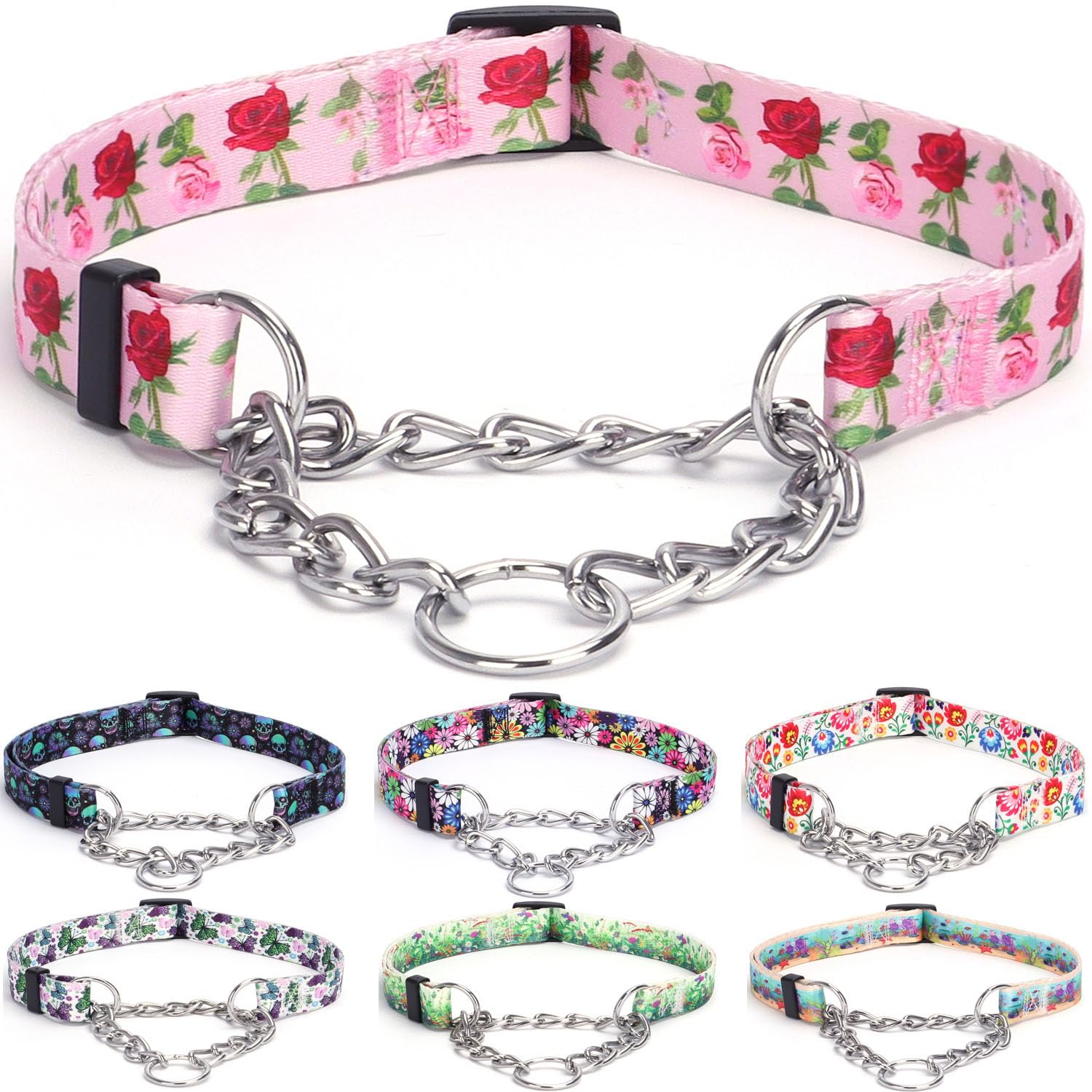 haoyueer Martingale Dog Collar - Stainless Steel Chain, No Pull Training Collar with Flower Design for Large Medium Small Dogs (L, Roses)