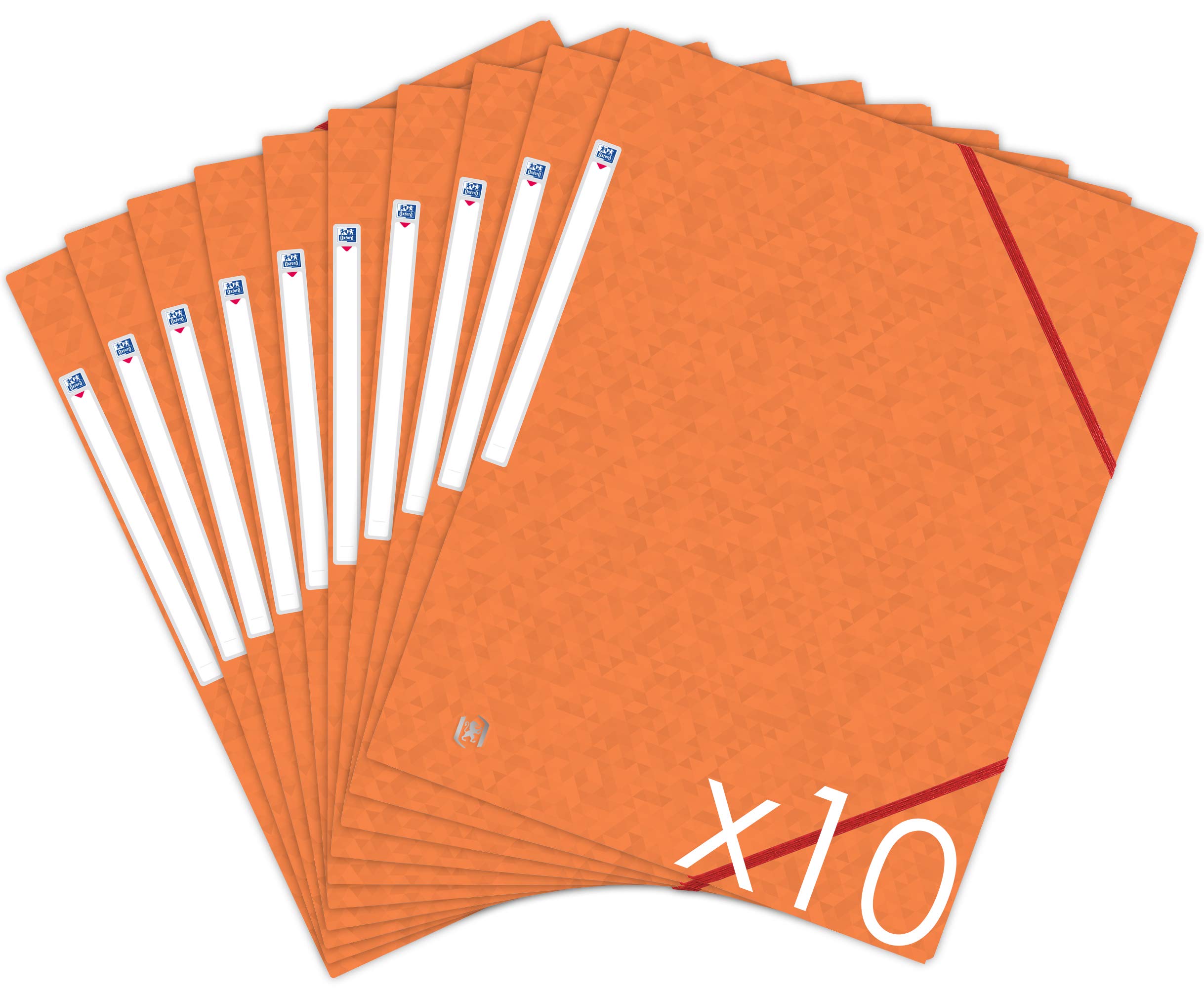 Oxford Topfile+ Pack of 10 Cardboard Folders with 3 Flaps, A4, Elastic Closure and Pockets, Orange