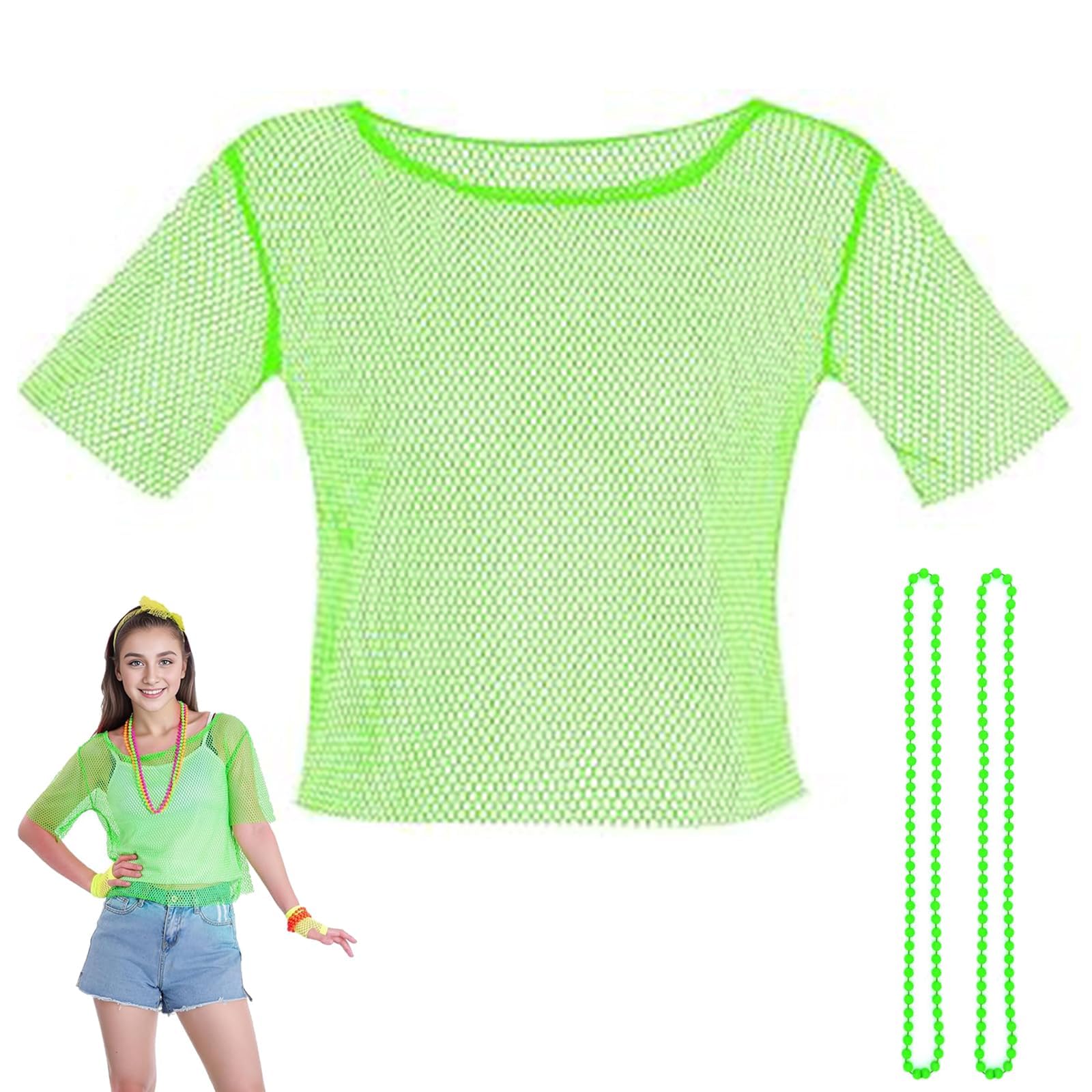 AMBEERT 1 Set Fishnet Top, Neon Clothes, 90s Fancy Dress Women, T-Shirt Fancy Dress Disco Retro Outfit Costume, 80s Mesh Fishnet Tops for Women Green Neon Tops, Party Tops Womens(Top+Necklace)