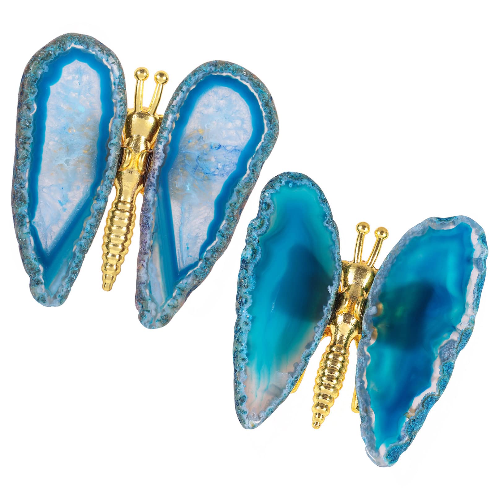 Nupuyai 2pcs Blue Agate Slice Butterfly Statue Decorative Ornament Set of 2, Crystal Stone Butterfly Figurine for Home Office Desktop Car Decor