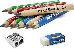 PENCIL BUDDIES Short Jumbo Kids Pencils for Preschoolers, Kindergarten, Toddlers & Beginners - 8 Triangular Pencils & Sharpener, Fat Pencils for Kindergarten, 2B, Jumbo Pencils, Kids Pencils, Ages 2-6 (Multi Color)