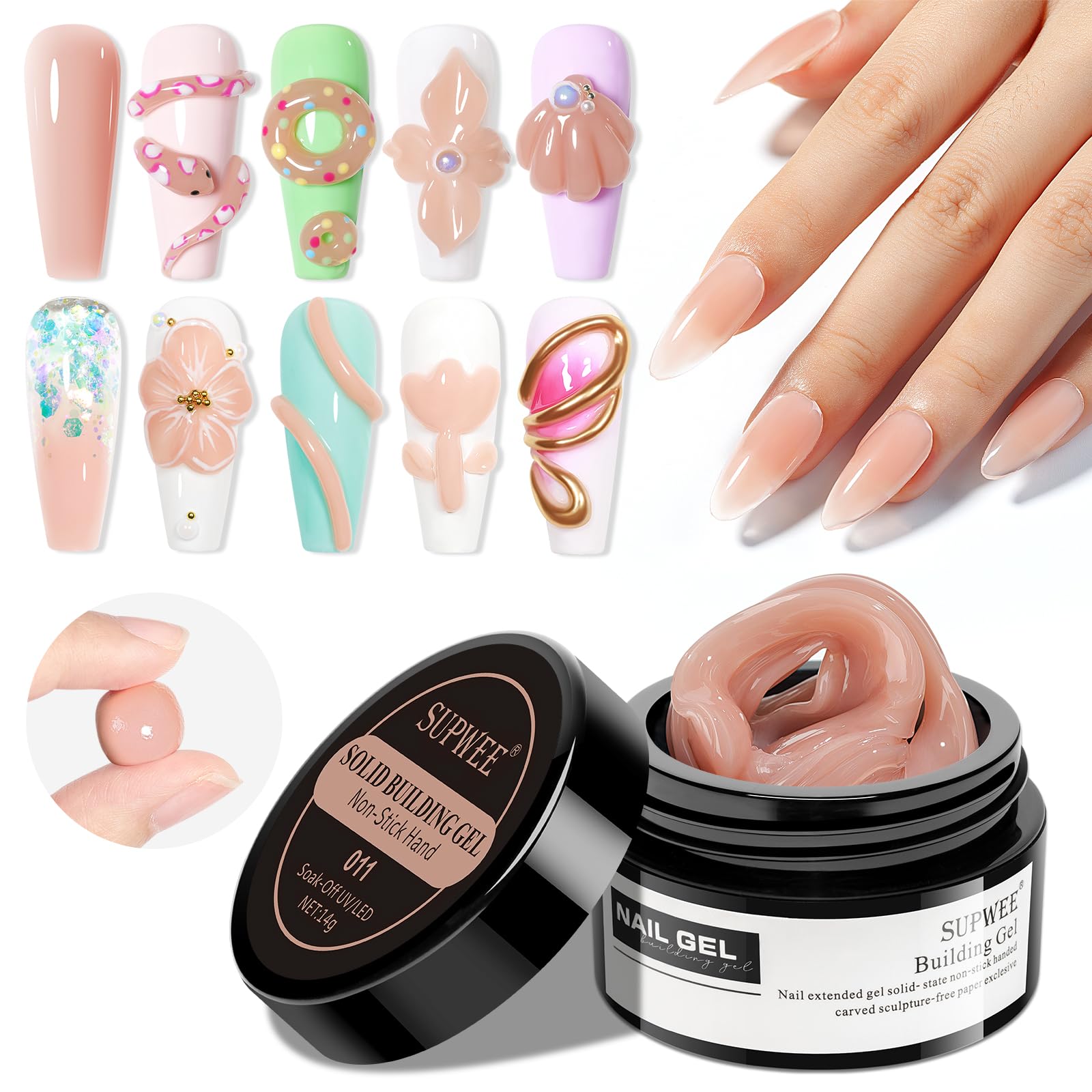 SUPWEE Solid Builder Gel Nail 14g Nude Non-sticky 3D Sculpture Gel for Carving Patterns Decoration Nail Strengthen Soak Off Nail Art Salon Hom