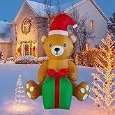 PTS 5FT Inflatable Bear with Gift Box Outdoor Decoration, Christmas Blow Up Yard Decorations, Built-in LED Lights Inflatables Xmas Holiday Funny Decor for Indoor Lawn Garden