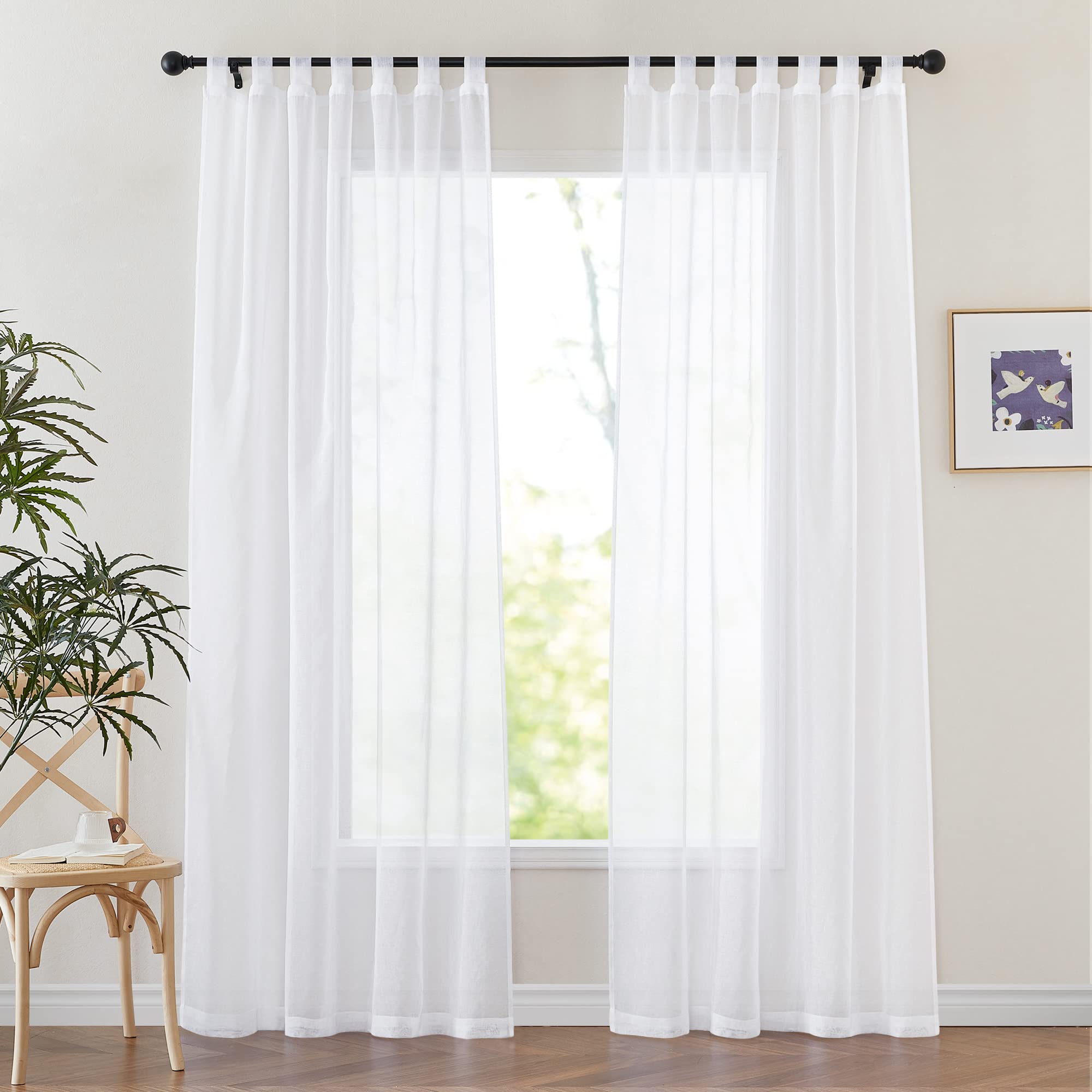PONY DANCE White Semi-Transparent Voile Curtains with Loops Set of 2 Living Room Curtains Linen Look Tab Curtain Transparent H 220 x W 140 cm