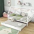 KOMFOTT Twin Size House Bed with Trundle, Wood Bed Frame with Safety Rails & Roof, House Platform Bed Frame for Kids, Teens, No Box Spring Needed Montessori Bed for Playroom (White)