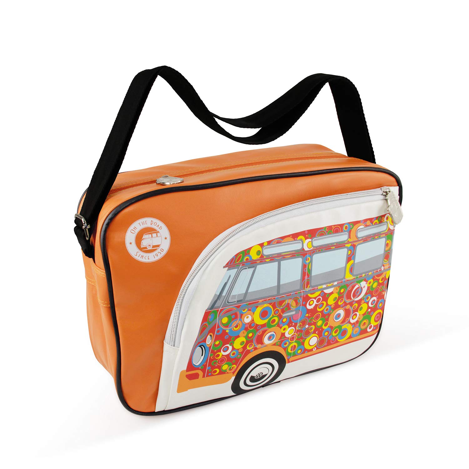 BRISA VW Collection - Volkswagen Shoulder Travel Messenger Bag with VW T1 Bus Campervan Motif (Circles/Orange)