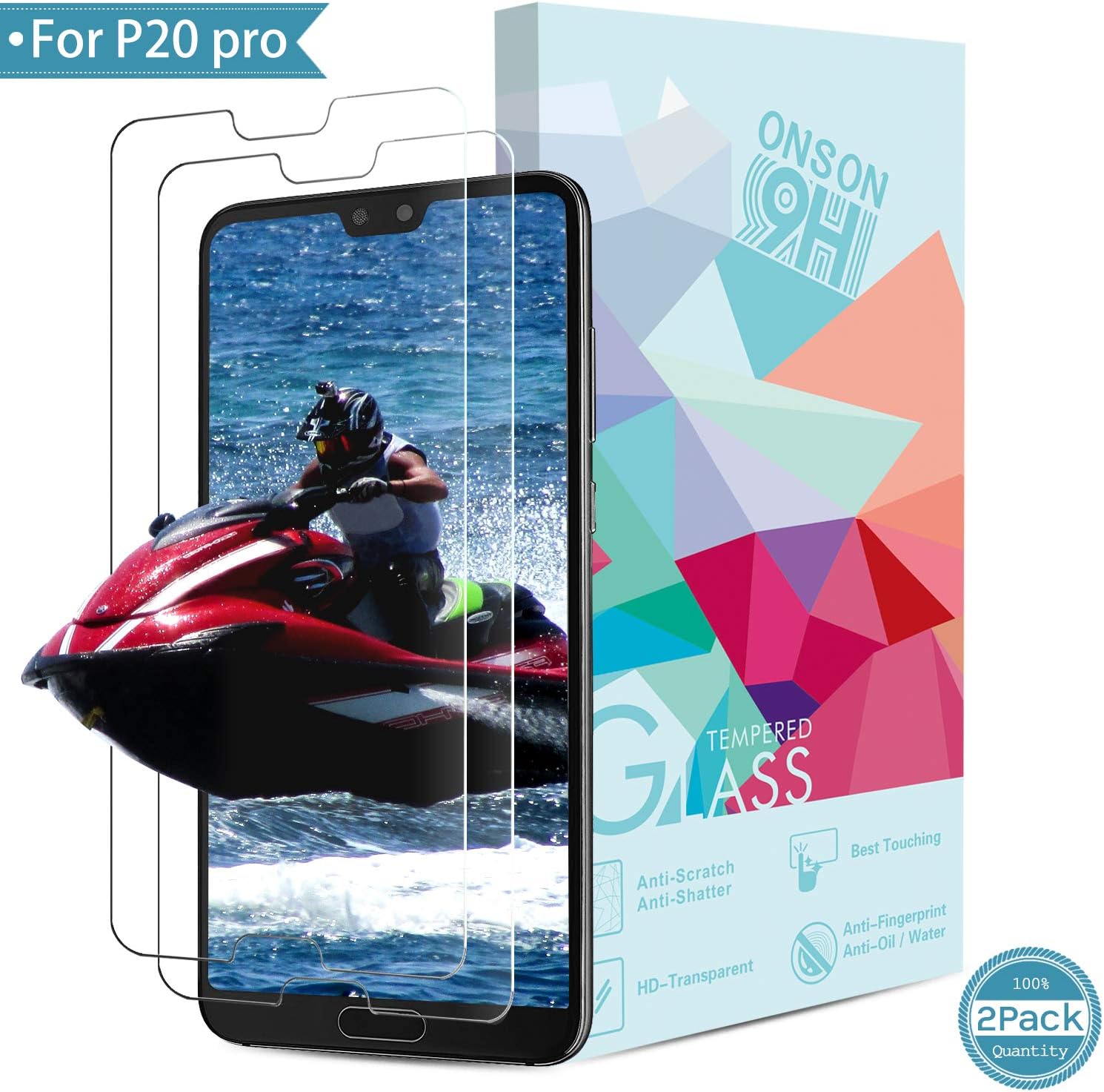 ONSON Huawei P20 Pro Screen Protector, [2 Pack] Screen Protector for Huawei P20 Pro Armored Film Screen Protector Tempered Glass 9H Hardness, Anti-scratch, Easy Attach
