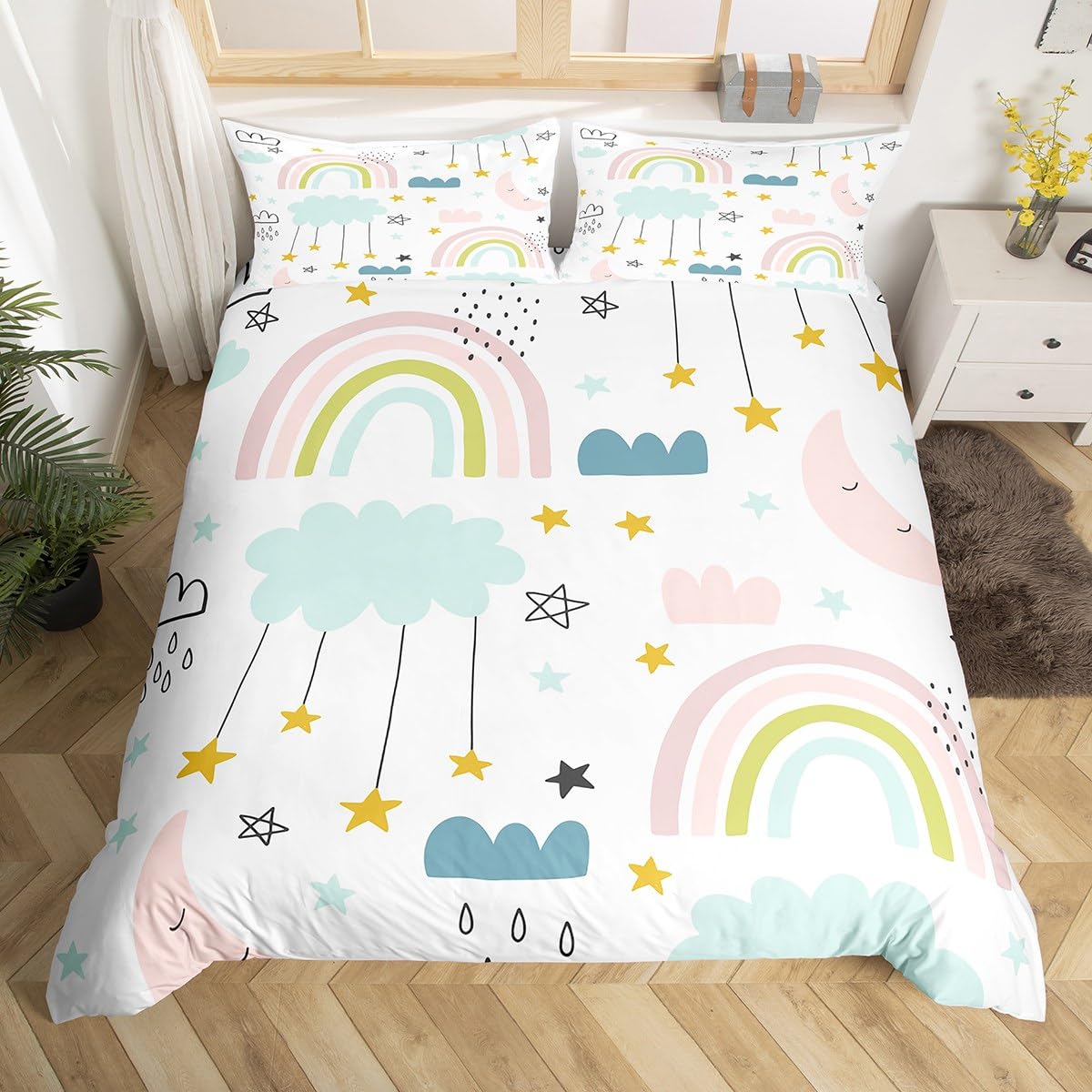 Cute Rainbow Duvet Cover Set Double Size, Clouds Moon and Stars Bedding Set 3pcs for Kids Boys Girls Room Decor, Scandinavian Style Comforter Cover Soft Polyester Quilt Cover with 2 Pillowcases