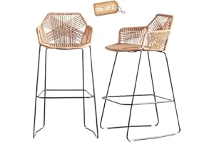 BINZHI Bar Stools Set of 2 Counter Height Nordic Bar Stools Simple Style Restaurant Cafe Back High Back Stools Iron Rattan Wicker High Back Chair,Black Metal Legs Boho Bar Stools (Height 75cm(29.5inch))