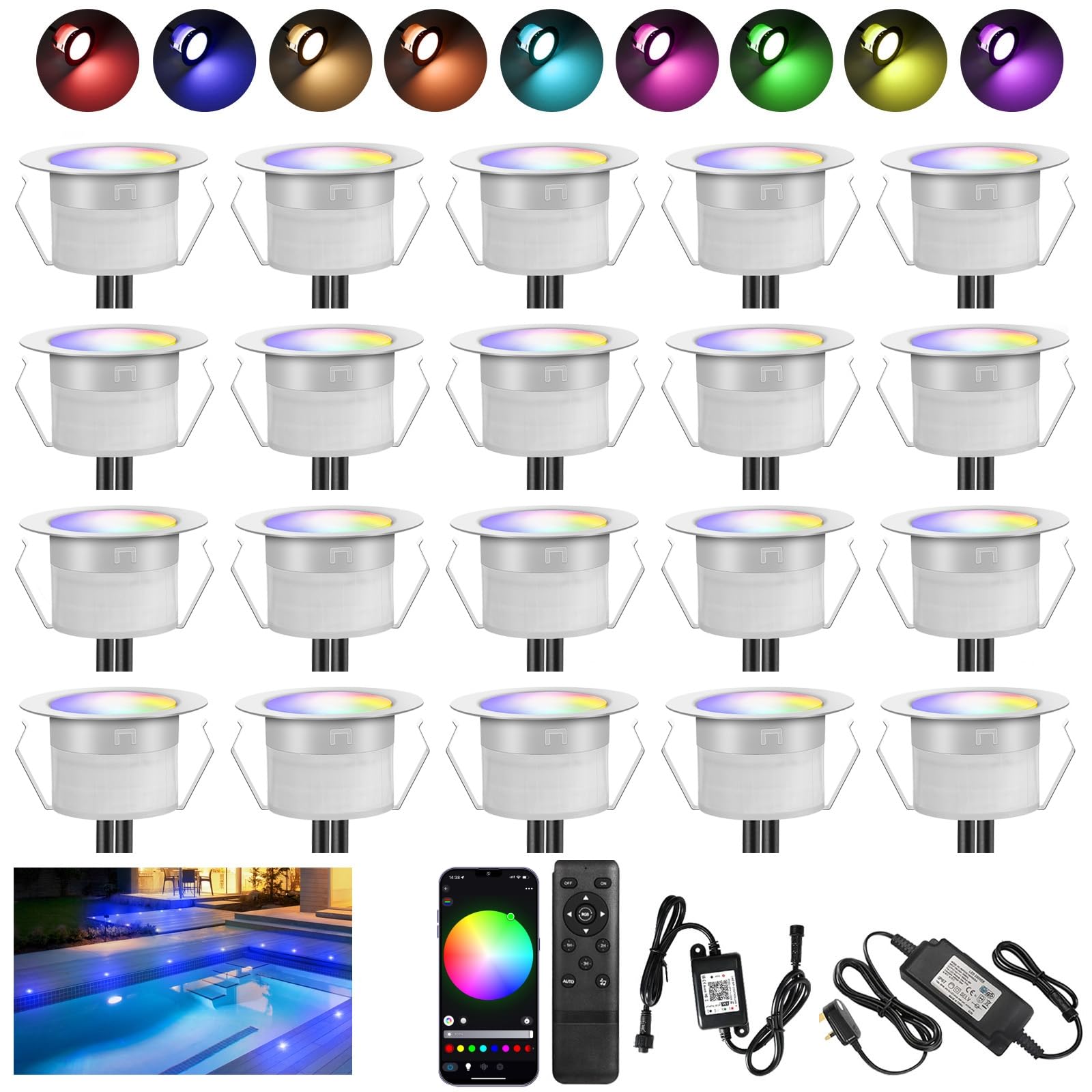 INDARUN RGBW WiFi Led Decking Lights Waterproof IP67 Ø31MM 12V - Led Plinth Light Kits for Terrace/Patio/Path/Garden/Decoration, 20 Packs