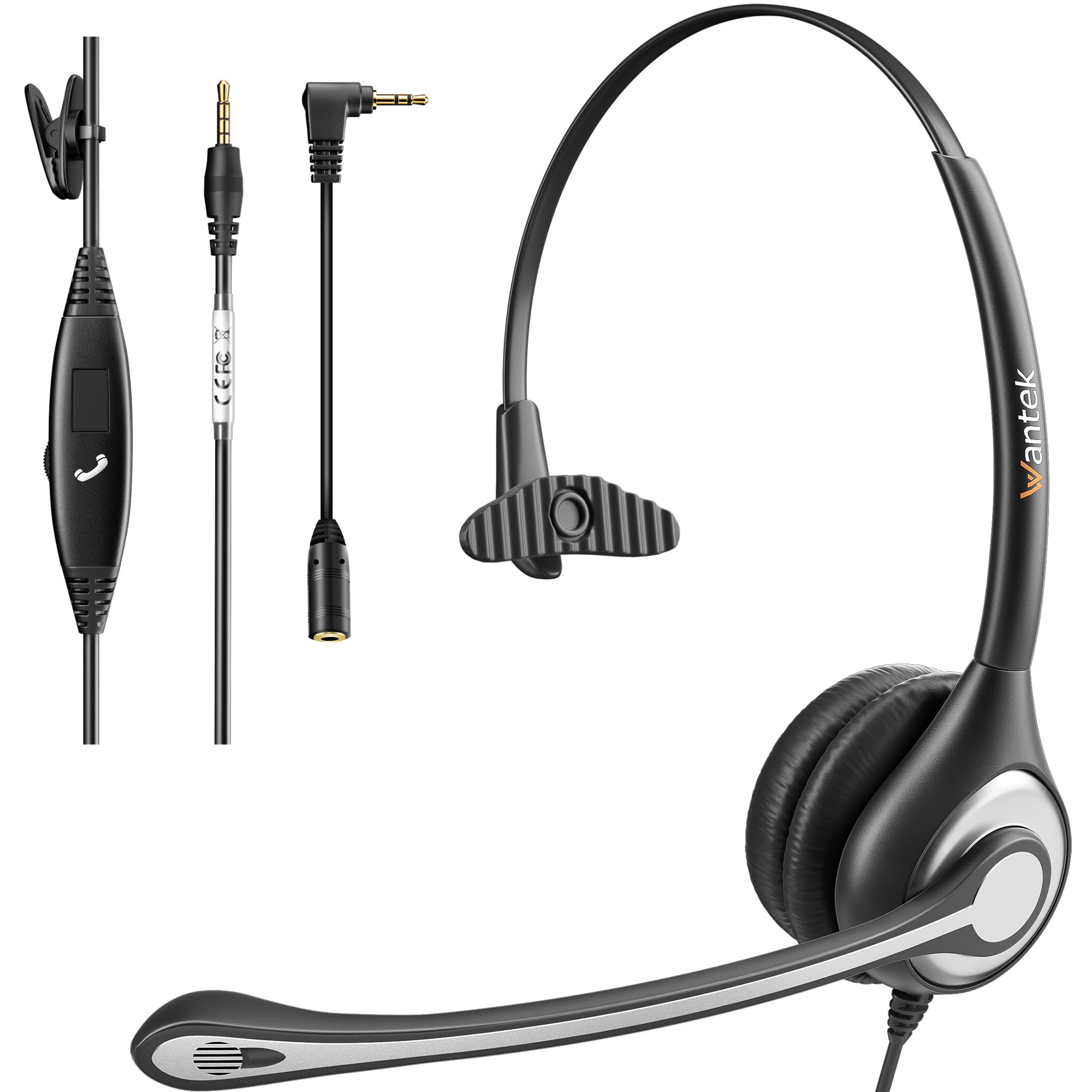 Wantek Headset with Microphone 601N, 3.5mm Headphone with Noise Cancelling Microphone, Single-Ear Computer Laptop Smartphone Headset with Mic for Call Center Online Conference Teams Meeting