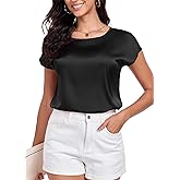 Wantschun Womens Silk Satin Shirt Casual Cap Short Sleeve Blouse Basic Round Neck Work Tops