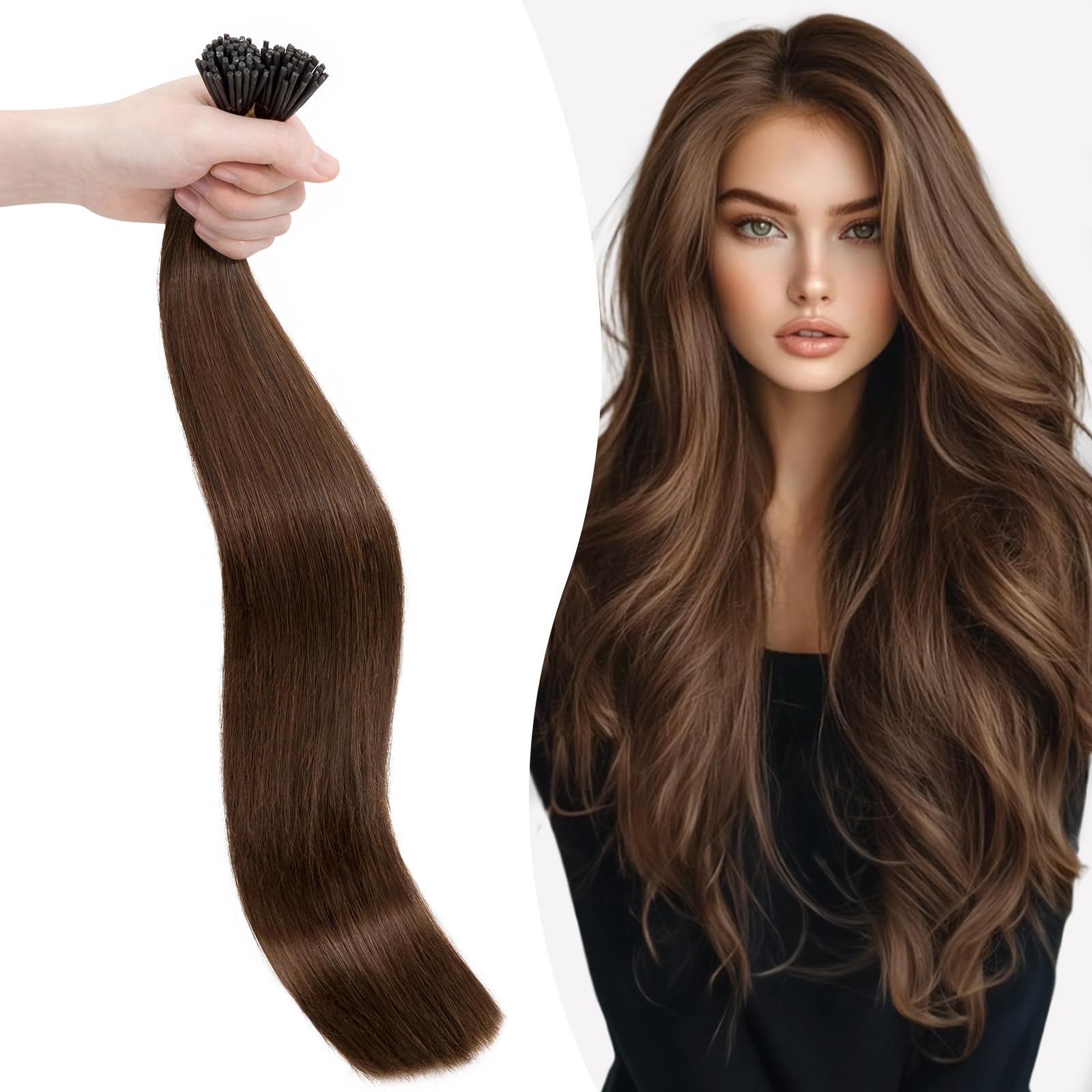 Silk-co Prebonded Hair Extensions #04 Medium Brown Stick Tip Real Human Hair I tip Remy Stick Hair Extension 50 Strands 1g/s 20inch