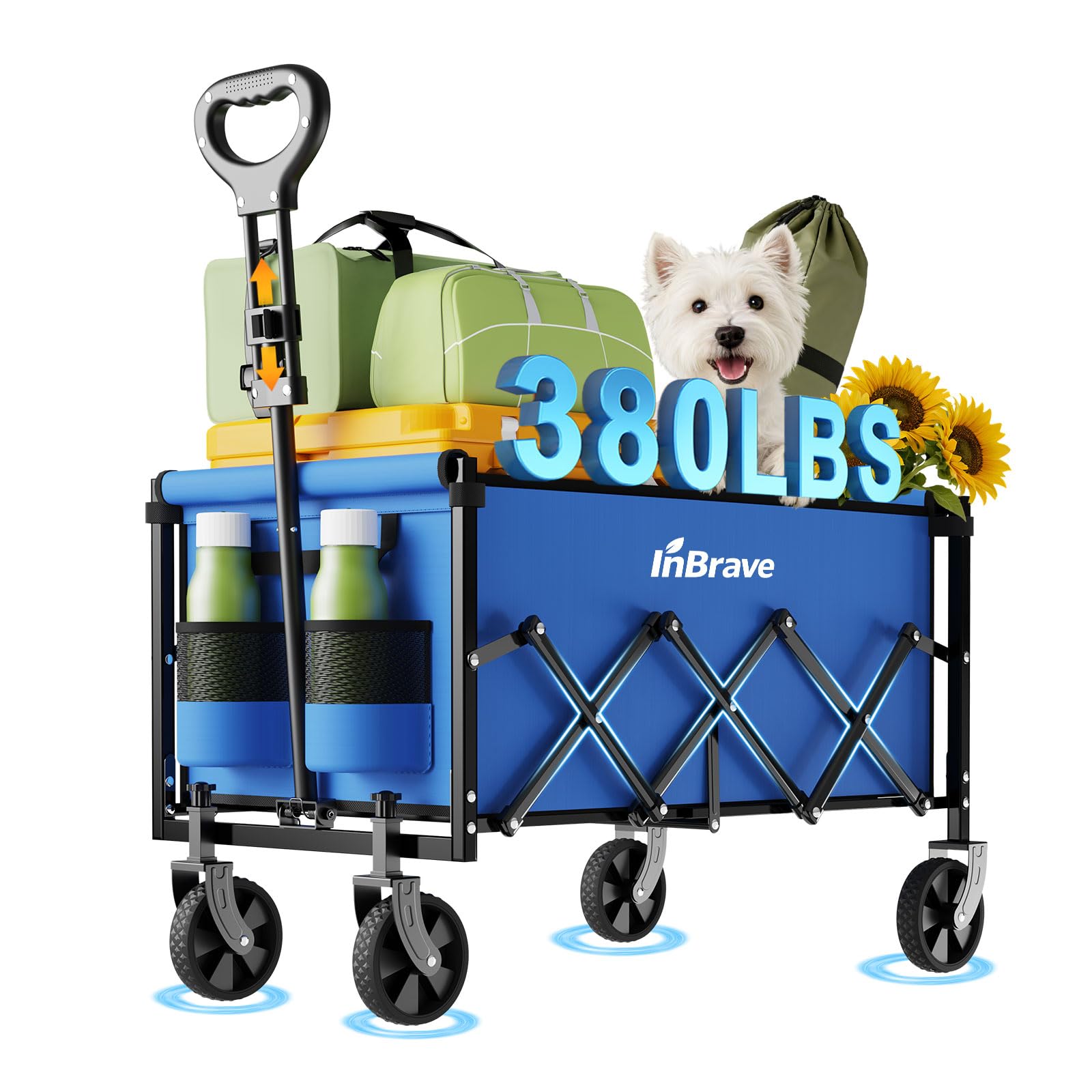 InBrave Collapsible Wagon Cart, 380LBS Heavy Duty Utility Wagons with All-Terrain Wheels, Foldable Grocery Carts for Gardening, Shopping, Beach, Camping, Blue Image