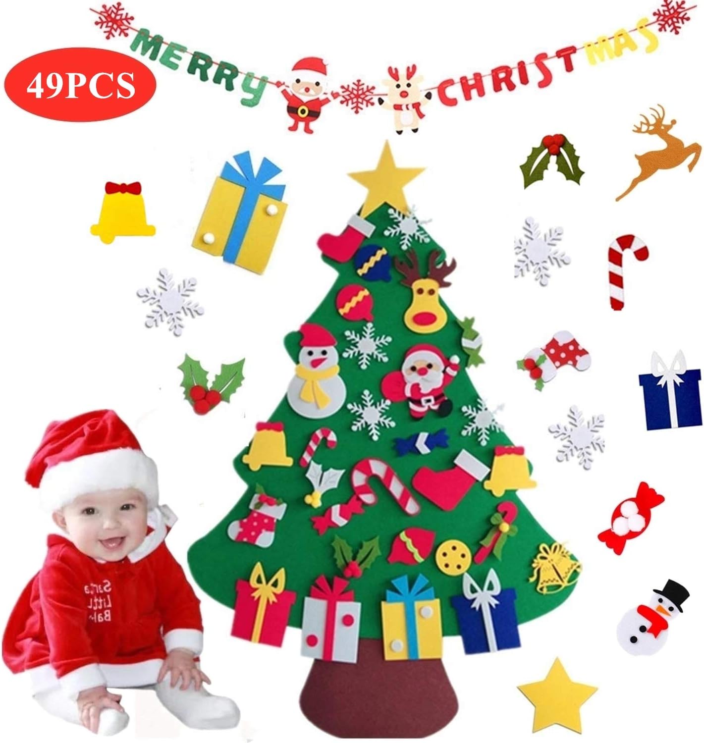 OUZIGRT Felt Christmas Tree, 3.28ft DIY Christmas Tree With 30PCS Hanging Ornaments And A Set Of Christmas Banners, Children's Christmas Growth Intelligence Gift, Wall Decorations For Christmas