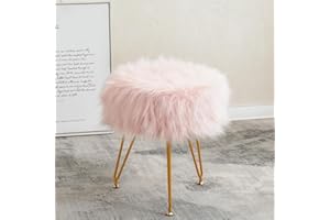 ALeesing Faux Fur Vanity Stool Chair, Soft Furry Ottoman Furry Makeup Stool, Round Stool Upholstered Footrest Footstools with 4 Metal Legs & Adjustable Footings for Living Room Bedroom, Pink