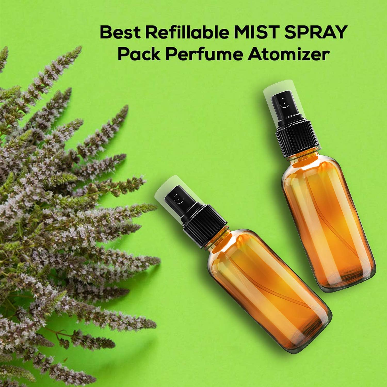 Nylea Small Glass Spray Bottles for Oil, Hair, Plants Water 2 oz | Empty Fine Mist and Refillable Mister Amber Mini Travel Size Bottle for Cleaning Solutions, Essential Oil Sprayer and Nozzle - 2 Pack