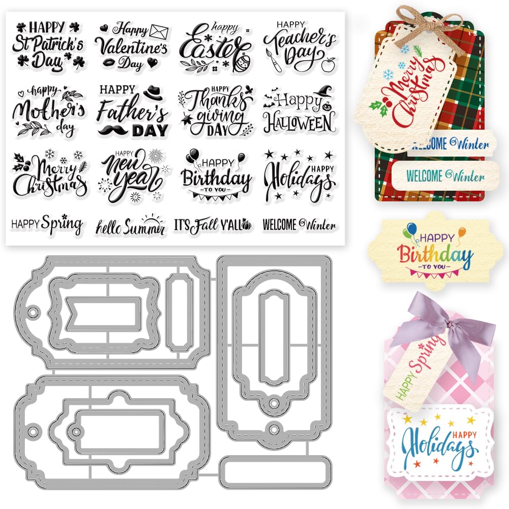 INFUNLY Word Clear Stamps and Dies for Card Making with Blessing Words, Happy Halloween, Christmas Rubber Stamps for DIY Scrapbooking Paper Decor