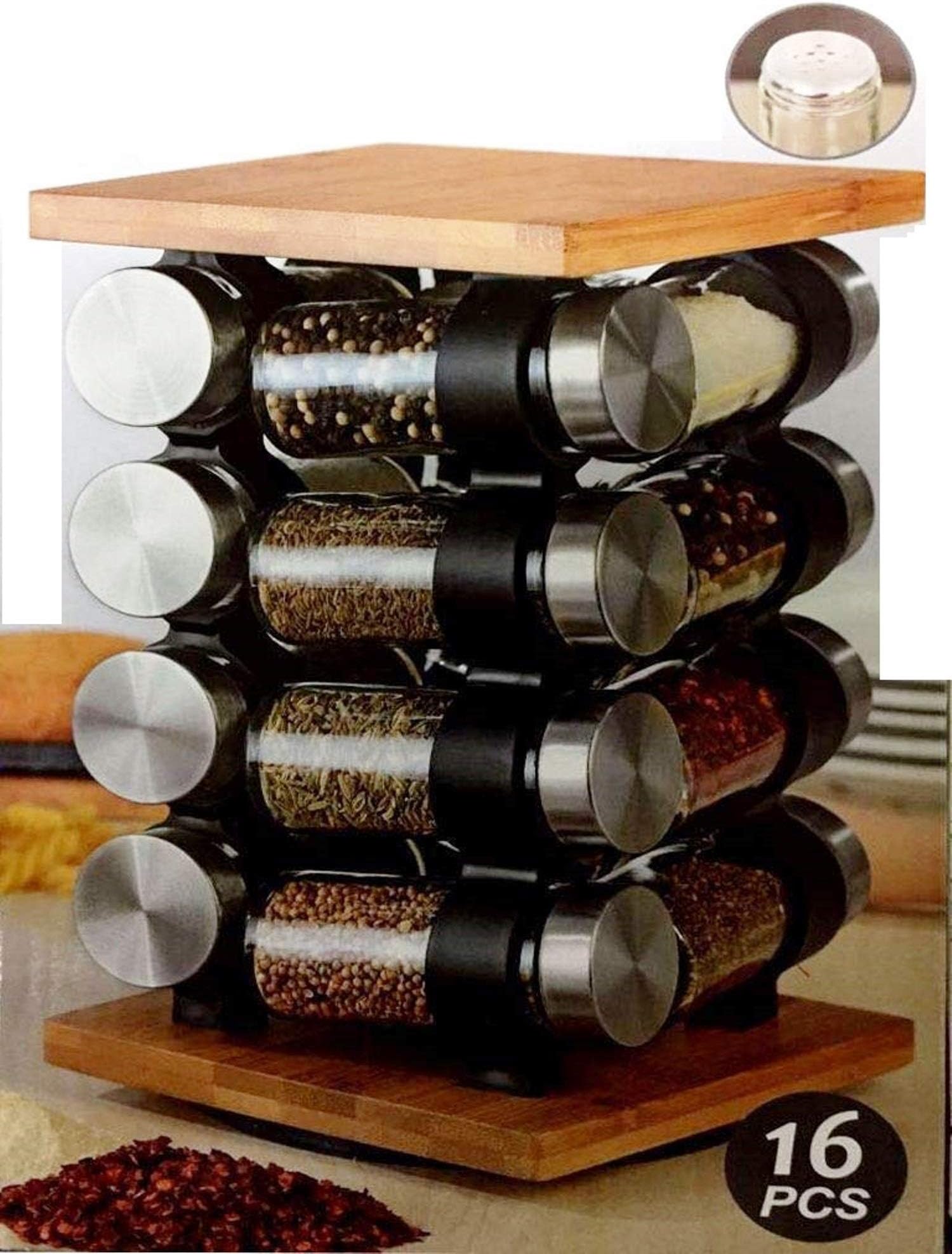 Wooden Spice Rack, Includes 16 Jars- Bamboo