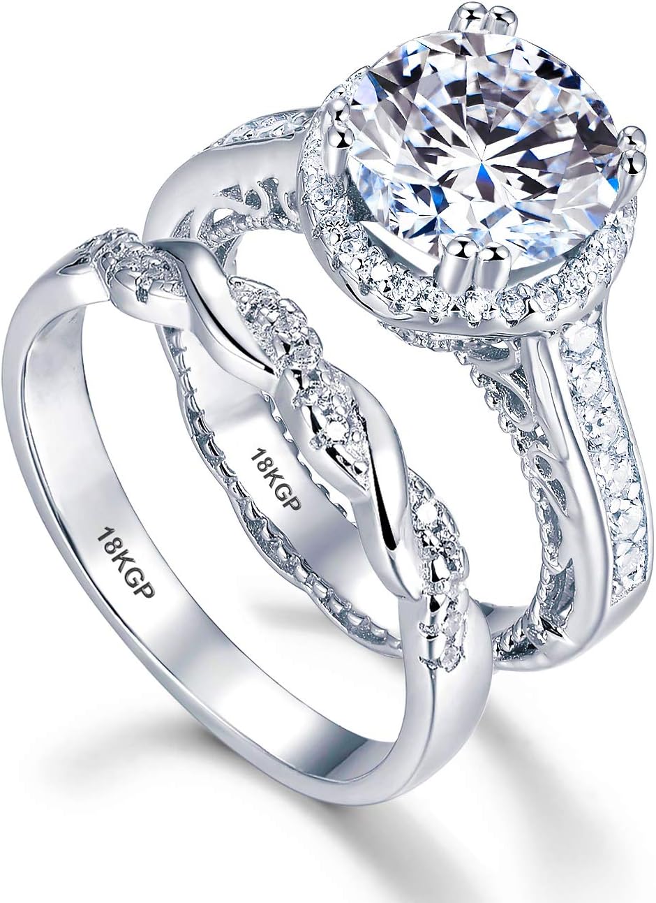 Engagement Ring Wedding Set White Gold Plated 18K Sterling Silver 925 Cubic Zirconia AAAAA+ Alternative to Diamonds Round Cut 9 mm 2.5 Ct Anniversary Valentines Promise Marriage Royale Bridal
