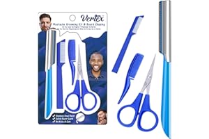 VERTEX Mustache Scissors Grooming Kit Comb - Movember Travel Razor Mens Beard Trimmer Straight Edge Stainless Steel Shaping Tool For Men After Black Color Dye Goatee Shaper Clippers Balm Combs Wash Brush