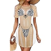 elescat Women's Beach Cover Up Bikini Printed Short Sleeve Tshirt Dress Baggy Cute Coverups
