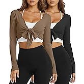 Coume 2 Pack Women Tie Front Wrap Tops Long Sleeve Pilate Ballet Ruffle Bolero Shrugs Crop Yoga Layering Workout Cardigan