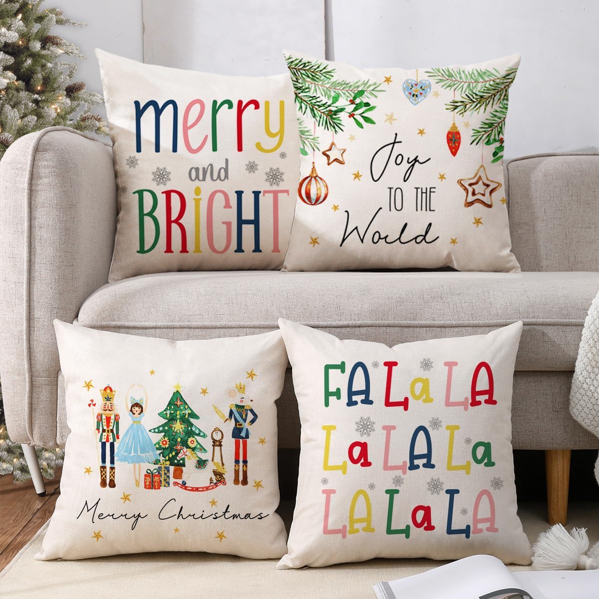 Nutcrackers - JOJOGOGO Merry and Bright Nutcracker Christmas Decor Colorful Cute Christmas Throw Pillow Covers 18x18 Set of 4 Outdoor Nutcracker Decorations for Front Porch and Patio (No Pillow Inserts)