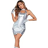 Poboola Women's Silver Metallic Dress Vanessa Kensington Cosplay Costume Fembot Austin Costumes Halloween Party Fancy Set