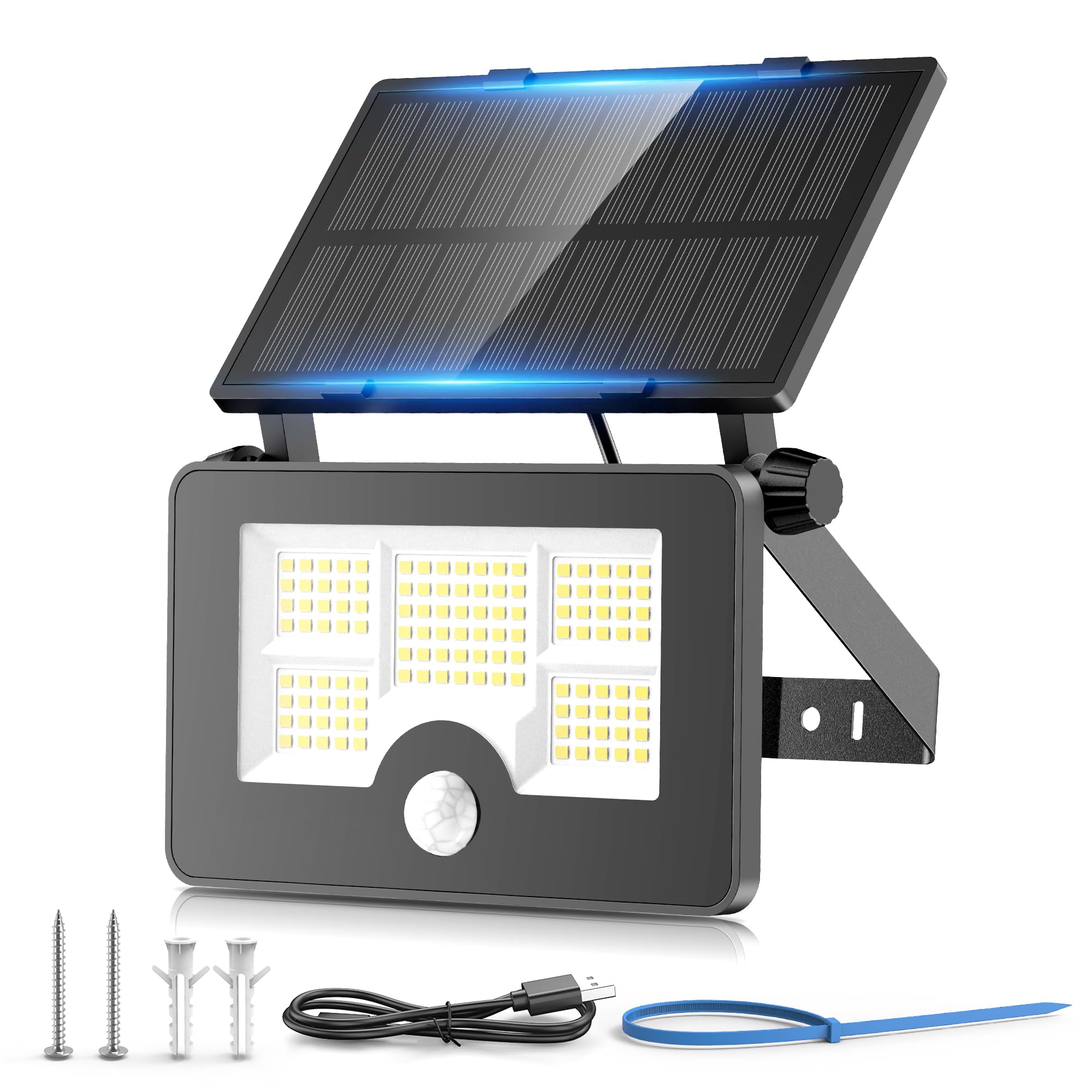OHAYORI Solar Security Lights Outdoor Motion Sensor, 122LED 4 Modes USB Rechargeable Solar Powered Wall/Pole Light for Garden Outside, 2200mAh IP65 Waterproof Solar PIR Fence Lighting for Street Flood
