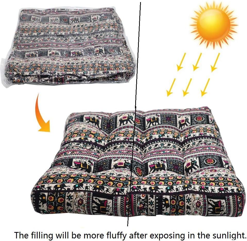 HIGOGOGO Meditation Cushion, Elephant Pattern Mandala Bohemian Style Floor Pillow Round Cotton Linen Boho Indian Seat Cushion Yoga Pillow for Floor Reading Book Bay Window, 22 Inch, Black: Kitchen & Dining