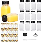 Delphinus 12-Pack 4oz Reusable Transparent Plastic Juice Bottles with Lids, Labels, Funnels - Suitable for Juices, Sports, Travel & Outdoor Activities