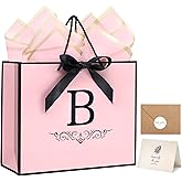 KeerxunBag Personalized Gift Bag - A pink paper gift bag with the initial B for women and girls. It is of medium size and comes with a ribbon bow, matching thin paper, card and envelope stickers.