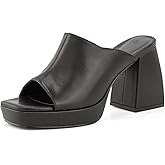 Coutgo Womens Chunky Platform Mules Sandals Slip On Block Heels Square Toe High Heeled Dress Shoes