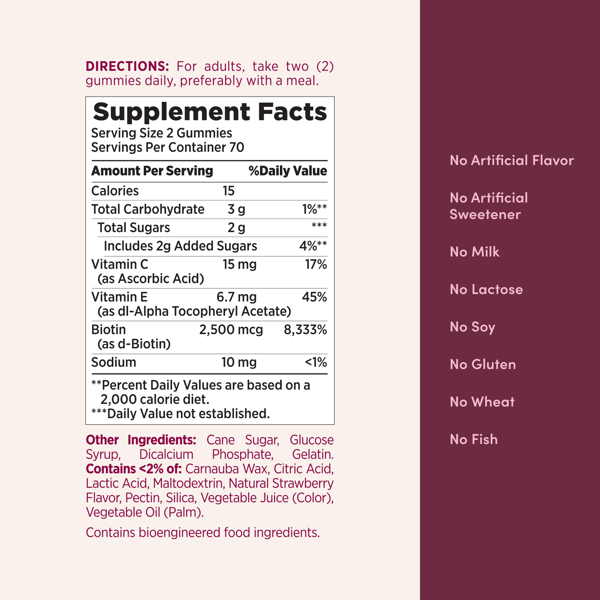 Nature's Bounty Hair, Skin & Nails with Biotin, Strawberry Gummies Vitamin Supplement, Supports Hair, Skin, and Nail Health for Women, 2500 mcg, 140 Ct, 70 Total Servings