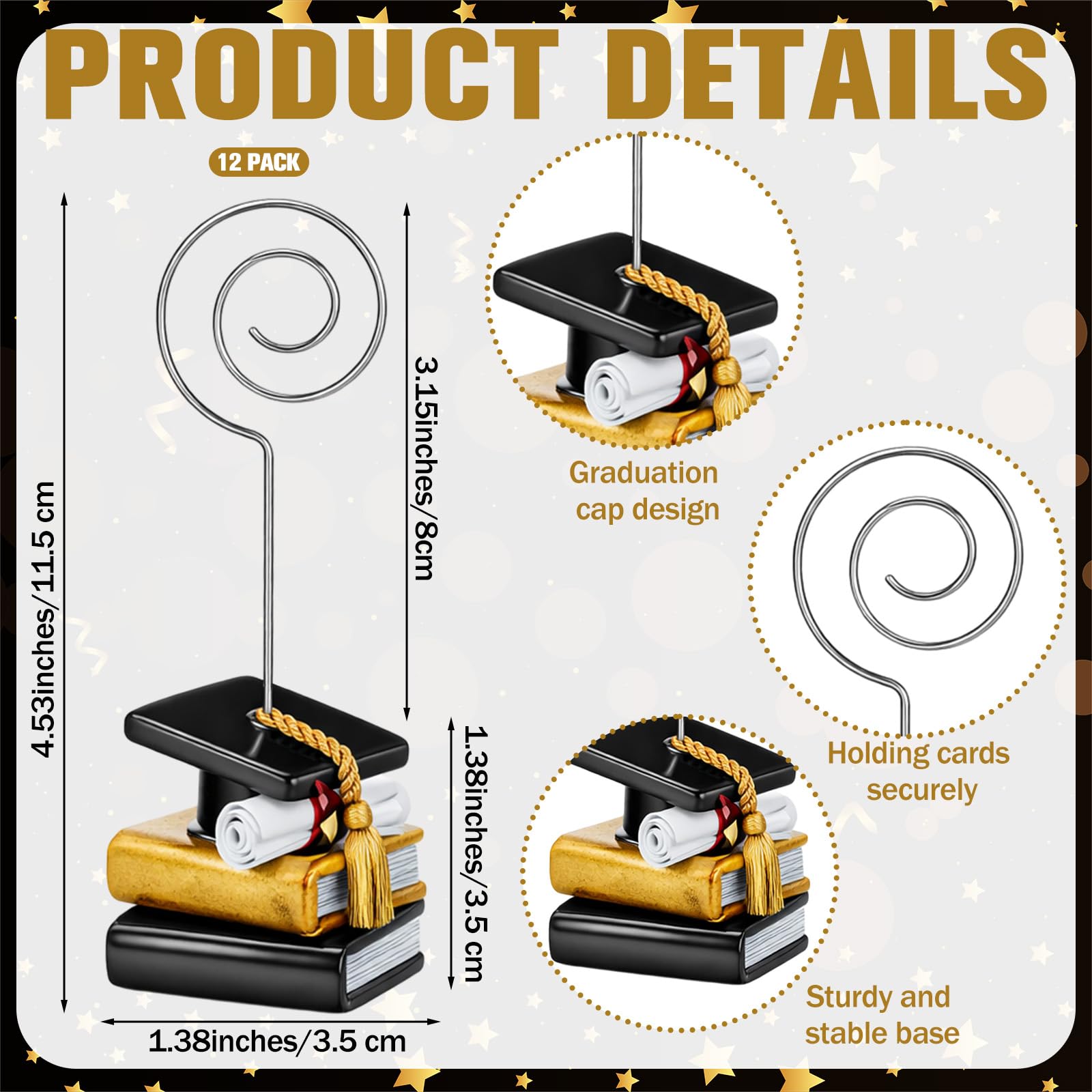 Condition photo showing New/Like New for glenmal 12 pcs grad cap picture holders 4.53 inches resin metal graduation picture holders for table