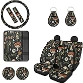 FUIBENG Mushroom Car Seat Covers Full Set of 12 Pcs,Retro Mushroom Auto Steering Wheel Cover/Seatbelt Pad/Armrest Cushion/Coaster/Keychain Universal Auto Interior Protector Accessory