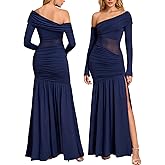 JKMNAO Women One Shoulder High Slit Maxi Dress Ruched Bodycon Cutout Long Sleeve Formal Wedding Guest Dresses