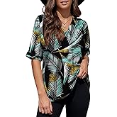 Necooer Womens Floral Printed V Neck Chiffon Shirt Striped Half Sleeve Blouses Top (Small,X-Green)