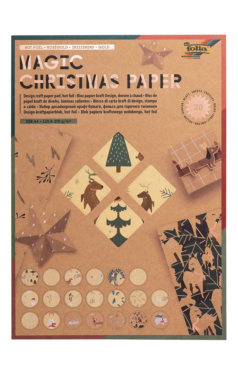 folia 49898 Magic Christmas Paper, Kraft Paper Pad with 20 Sheets, 115 and 270 g/m², DIN A4, Craft Paper with Christmas Motif Print and Hotfoil Finish, Colourful
