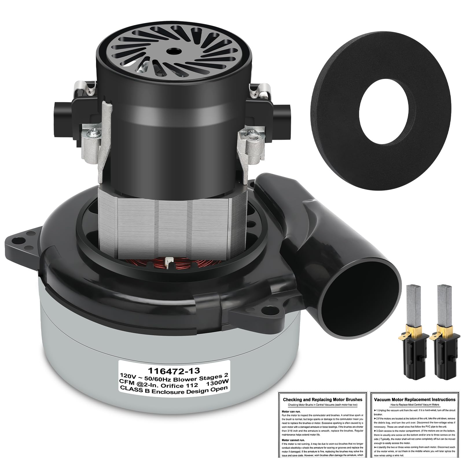 Photo 1 of 116472-13/116472-00 Vacuum Motor Replacement – 2-Stage 5.7" 112 CFM High Power, Quiet and Efficient Operation, Easy to Install for Central Vacuums, Boat Lifts, Industrial Cleaning, Bathing Systems