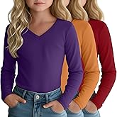 LessonZoo 3 Pack Girls Long Sleeve T-Shirts 5-14 Years Kids Undershirts V Neck Base Layer Basic Lightweight Teen Youth Tops