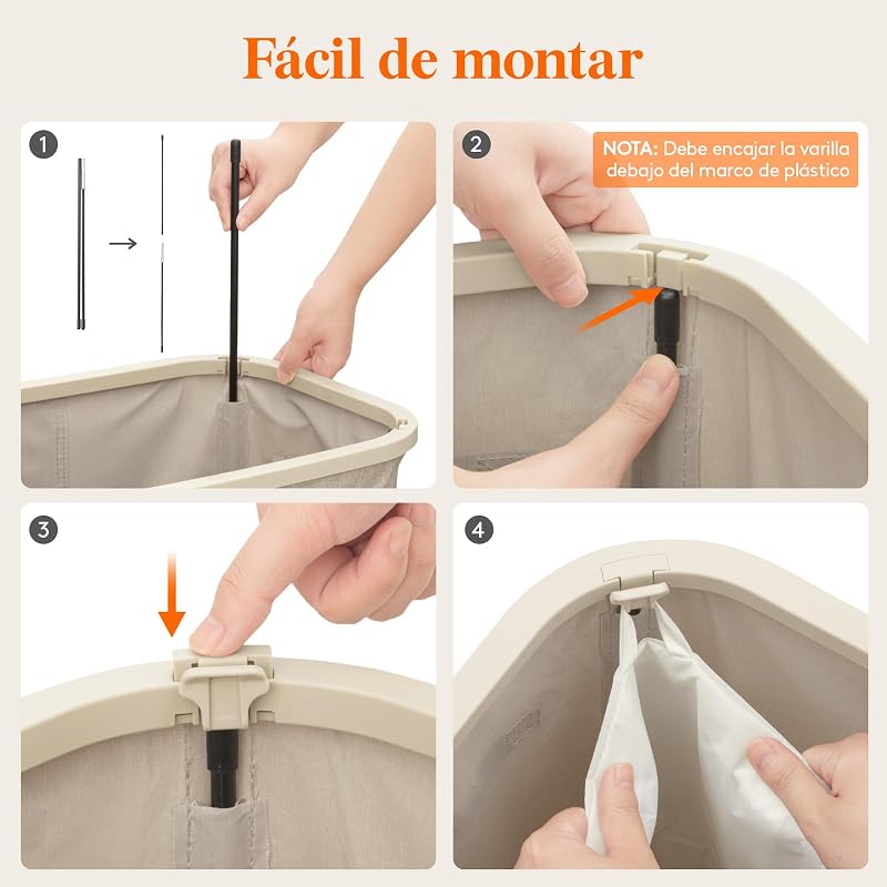 Cesto da roupa suja, cesto dobrável com saco e pega removíveis, balde de roupa com tampa, cesto de roupa para quarto, casa de banho, lavandaria, quarto, 105 L, bege