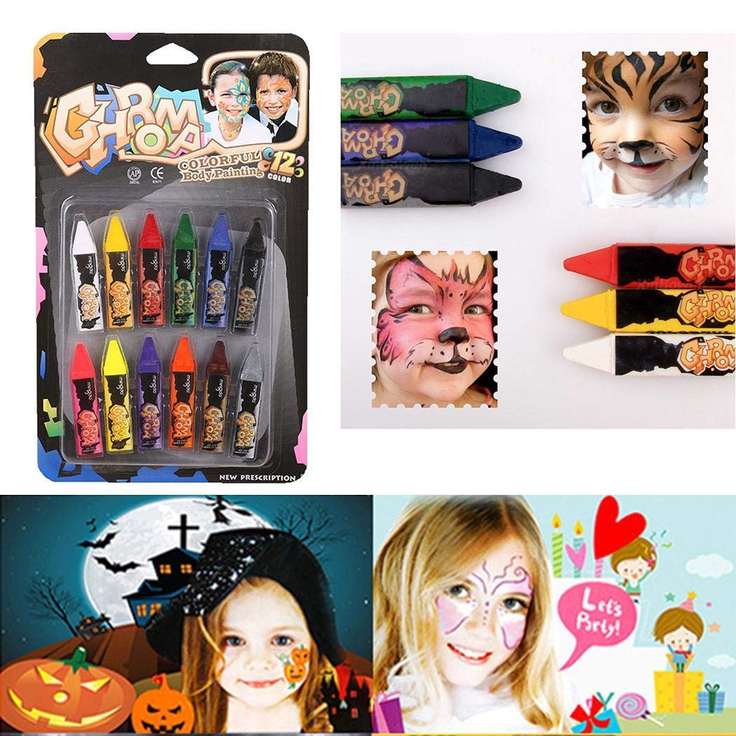 Whatyiu Fully Washable 12 Colors Face Paint Safe Face and Body Crayons Painting Pigments- Halloween Festival Party Makeup