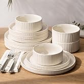 GBHOME Stoneware Dinnerware Sets for 4, 12 Pieces Plates and Bowls Set | Lightweight Ceramic Ribbed Dishes, Reactive Glaze Stackable Plate Set, Scratch Resistant, Microwave &amp; Dishwasher Safe,Beige