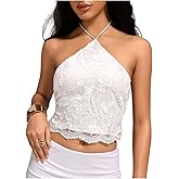MakeMeChic Women's Summer Floral Tops Halter Crop Tops Tie Open Back Lace Up Sleeveless Tank
